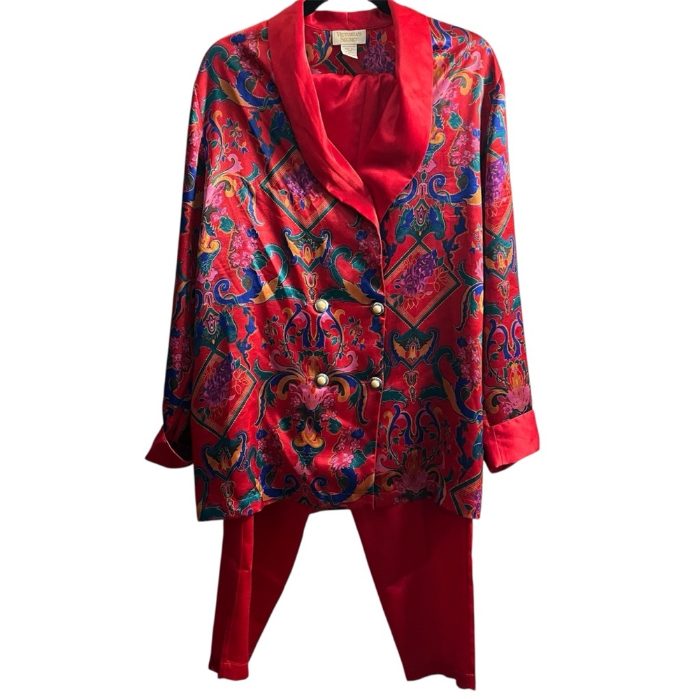 Victoria's Secret Vintage Red Satin Floral Pajamas Shirt and Pants Set